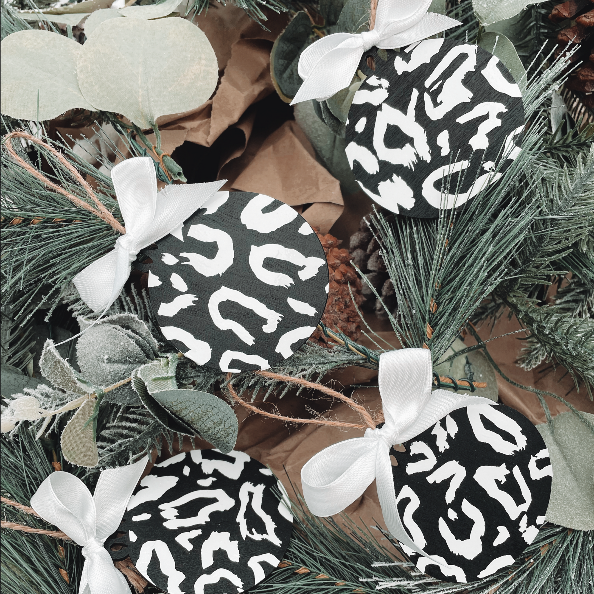 Monochrome Leopard Print Wooden Christmas Baubles